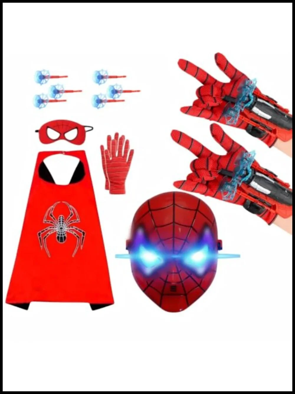 Kids Superhero Costume Set LED Mask Cape Web Shooter